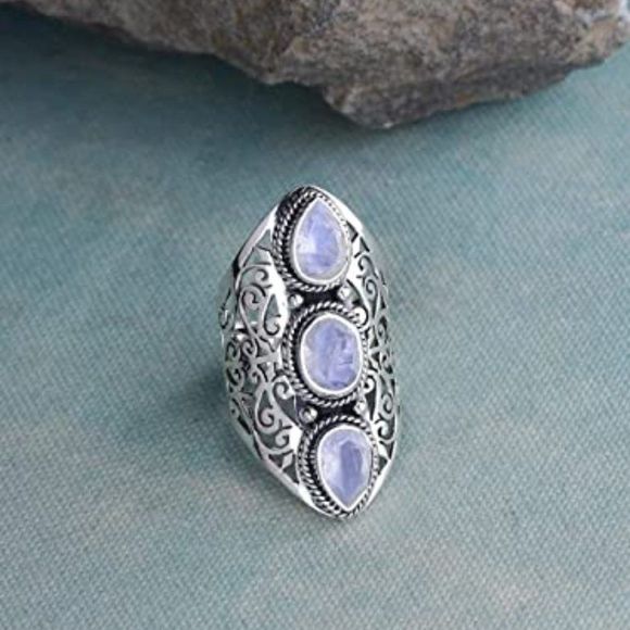 YoTreasure Moonstone Solid 925 Sterling Silver 3 Stone Ring Jewelry - Picture 1 of 4